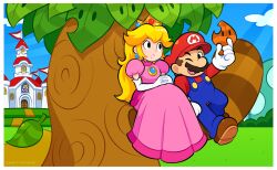  1boy 1girl blonde_hair blue_overalls blue_sky boots border brooch brown_footwear brown_hair cloud crown day dress earrings elbow_gloves facial_hair gloves grass hat highres jewelry leaf long_hair mario mario_(series) mustache nintendo one_eye_closed open_mouth outdoors outside_border overalls pink_dress princess_peach princess_peach&#039;s_castle puffy_short_sleeves puffy_sleeves red_hat red_shirt shirt short_hair short_sleeves sitting sky sphere_earrings super_leaf super_mario_3d_land tail_tree tree vinny_(dingitydingus) white_border white_gloves 