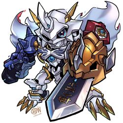 arm_blade arm_cannon armor artist_logo blue_eyes cape chibi colored_skin commentary commission cwdw digimoji digimon digimon_(creature) energy_gun english_commentary highres humanoid_robot looking_at_viewer multiple_heads omegamon_x-antibody red_cape robot shield shoulder_armor simple_background solo spikes sword translation_request two-sided_cape two-sided_fabric weapon white_background white_cape white_skin 