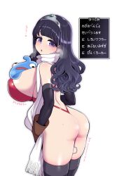  arihara_yuuna_(hanauna) ass black_footwear black_hair boots breasts dragon_quest dragon_quest_iii elbow_gloves from_behind gloves hanauna headpiece highres large_breasts long_hair looking_at_viewer one-piece_swimsuit one-piece_thong purple_eyes red_one-piece_swimsuit revealing_swimsuit_(dq) scarf simple_background slime_(dragon_quest) swimsuit thigh_boots vibrator_cord wavy_hair white_background white_scarf 