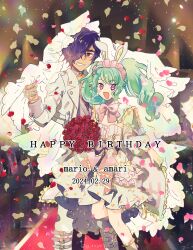  1boy 1girl blue_hair bouquet bow bridal_veil bride character_name coyo_(pp_coyo) dark-skinned_male dark_skin dress drill_hair flower frilled_dress frills groom hair_over_one_eye hand_up happy_birthday hetero highres holding holding_bouquet husband_and_wife idol_land_pripara jacket katasumi_amari long_hair long_sleeves looking_at_viewer open_mouth pants petals pink_bow pink_eyes pretty_series pripara red_carpet red_eyes red_flower short_hair smile standing twin_drills twintails veil very_long_hair wedding white_dress white_jacket white_pants 