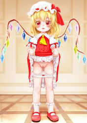 1girl :o ascot blonde_hair blush bow bow_panties cleft_of_venus clothes_lift commission dress dress_lift female_focus flandre_scarlet frills full_body hat kahis_(sweetbriar) lifting_own_clothes loli looking_at_viewer mary_janes medium_hair mob_cap open_mouth panties panty_pull pixiv_commission pussy red_dress red_eyes red_footwear red_ribbon ribbon shoes socks solo standing touhou uncensored underwear watermark web_address white_hat white_panties white_socks wings yellow_ascot