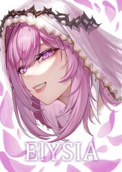  1girl absurdres character_name commentary cropped_head crown_of_thorns diamond-shaped_pupils diamond_(shape) elysia_(herrscher_of_human:ego)_(honkai_impact) elysia_(honkai_impact) english_commentary et0 highres honkai_(series) honkai_impact_3rd korean_commentary looking_at_viewer mixed-language_commentary pink_hair pink_petals pink_pupils purple_eyes smile solo symbol-shaped_pupils teeth white_background white_veil 