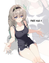 1girl absurdres alternate_costume black_shorts black_tank_top collarbone commentary dolphin_shorts english_commentary english_text firefly_(honkai:_star_rail) grey_hair highres honkai:_star_rail honkai_(series) incoming_hug long_hair looking_at_viewer maxwelzy outstretched_arms purple_eyes shadow shorts simple_background smile solo tank_top white_background zoom_layer  rating:Sensitive score:15 user:danbooru