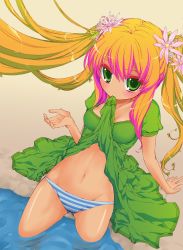  1girl bad_id bad_pixiv_id blonde_hair breasts clothes_in_mouth clothes_lift colorized dress dress_in_mouth dress_lift flower giuniu green_eyes hair_flower hair_ornament highres long_hair mouth_hold multicolored_hair original p_second panties pink_hair pp_(p_second) small_breasts solo striped_clothes striped_panties twintails underwear  rating:Questionable score:9 user:danbooru
