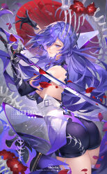  1girl acheron_(honkai:_star_rail) armpit_crease artist_name ass asymmetrical_gloves back bandaged_arm bandaged_leg bandages bare_shoulders black_gloves black_shorts blue_eyes boots breasts chain chain_around_arm character_name chinese_commentary coat coattails commentary_request cowboy_shot english_text flower from_behind gloves hair_intakes hair_ornament hair_over_one_eye highres holding holding_sword holding_weapon honkai:_star_rail honkai_(series) katana large_breasts leg_tattoo light_blush long_hair looking_at_viewer melailai multicolored_hair oil-paper_umbrella parted_lips purple_eyes purple_hair red_flower red_petals short_shorts shorts sideboob single_thigh_boot solo streaked_hair sword tattoo thigh_boots thighs two-tone_eyes umbrella very_long_hair weapon white_coat 
