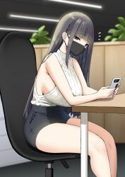  1girl aimi_(sky-freedom) black_hair black_shorts blurry blurry_background breasts chair commentary highres hime_cut holding holding_phone huge_breasts indoors long_hair mask mouth_mask office_chair office_lady original phone purple_eyes ribbed_shirt shirt shirt_tucked_in short_shorts shorts sideboob sitting sky-freedom sleeveless sleeveless_shirt solo swivel_chair table white_shirt  rating:Sensitive score:112 user:danbooru