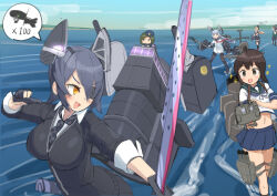  6+girls absurdres black_gloves blonde_hair blue_skirt breasts commentary_request day dress eyepatch fairy_(kancolle) fang floating_headgear fubuki_(kancolle) gloves hair_between_eyes headgear highres holding holding_polearm holding_sword holding_weapon i-class_destroyer kantai_collection large_breasts long_hair multiple_girls murakumo_(kancolle) mutsuki_(kancolle) necktie ocean open_mouth orange_eyes osananajimi_neko outdoors pantyhose partially_fingerless_gloves pleated_skirt polearm rigging sailor_collar sailor_dress school_uniform serafuku skirt sky small_breasts sparkle sword tenryuu_(kancolle) turret very_long_hair water weapon yuudachi_(kancolle) 
