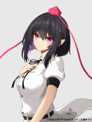  1girl belt black_belt black_hair black_ribbon breasts buttons closed_mouth collared_shirt commentary_request hand_on_own_chest happy harumomiji hat highres neck_ribbon pointy_ears puffy_short_sleeves puffy_sleeves purple_eyes red_hat ribbon shameimaru_aya shirt short_hair short_sleeves simple_background small_breasts smile tokin_hat touhou white_background white_shirt 