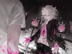  2boys ashva beckoning black_background blood blood_on_clothes blood_on_face blood_on_hands commentary_request cowboy_shot danganronpa_(series) danganronpa_2:_goodbye_despair eyelashes face-to-face gradient_background greyscale highres hinata_hajime hole_in_chest hole_on_body hood hood_down hooded_jacket iei injury jacket komaeda_nagito long_sleeves looking_at_another lower_teeth_only male_focus messy_hair monochrome multiple_boys open_clothes open_jacket open_mouth pants pink_blood shirt short_sleeves slit_pupils smile solo_focus spoilers teeth 
