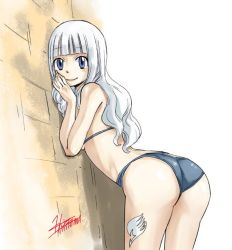 1girl against_wall alternate_hairstyle ass bikini blue_eyes breast_press curly_hair fairy_tail hime_cut leaning_forward looking_at_viewer mashima_hiro mirajane_strauss official_art silver_hair simple_background smile solo swimsuit tattoo wall rating:Sensitive score:73 user:dmysta3000