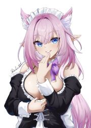  animal_ears artist_name bare_shoulders black_dress blue_eyes bow bowtie breasts center_opening detached_sleeves dress elysia_(honkai_impact) fox_ears hand_on_own_chin highres honkai_(series) honkai_impact_3rd large_breasts long_hair looking_at_viewer maid maid_headdress pink_hair pink_nails pointy_ears purple_bow purple_bowtie shizuka_xsi teeth white_background 