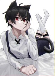 1boy absurdres animal_ears bed bed_sheet black_hair cat_day cat_ears cat_tail collared_shirt commentary_request garter_belt hand_on_own_face highres kneehighs legwear_garter long_sleeves looking_at_viewer lying male_focus miyano_(user_nhea8337) on_bed on_stomach original red_eyes shirt short_hair socks solo suspenders tail white_socks 