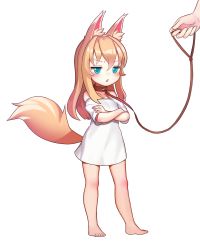 1girl :&lt; animal_collar animal_ears bad_id bad_pixiv_id bare_legs bare_shoulders barefoot blonde_hair blue_eyes blush body_blush brown_hair collar collarbone crossed_arms eyebrows fox_ears fox_girl fox_tail frown full_body hair_between_eyes highres jitome kim_nico leash long_hair no_pants off_shoulder original out_of_frame shirt simple_background solo_focus standing t-shirt tail triangle_mouth white_background rating:Sensitive score:23 user:danbooru