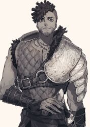  1boy armor beard breastplate closed_mouth cowboy_shot dragon&#039;s_dogma_(series) dragon&#039;s_dogma_2 facial_hair greyscale hand_up highres looking_at_viewer male_focus monochrome ogata_tomio pauldrons raghnall scale_armor sheath sheathed shield shield_on_back short_hair shoulder_armor simple_background single_pauldron sleeveless smile solo standing sword v-shaped_eyebrows weapon 