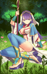  1girl arm_support armor ass blue_thighhighs breasts capelet cleavage closed_mouth commentary_request cross_print detached_leggings fate/grand_order fate_(series) feet full_body grass high_heels holding holding_weapon lace lace-trimmed_legwear lace_trim large_breasts long_hair looking_at_viewer martha_(fate) no_panties on_ground outdoors purple_eyes purple_hair revision sandals sitting smile solo staff straight_hair thighhighs toes tsukikanade type-moon vambraces veil very_long_hair weapon wide_sleeves 