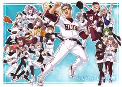 4boys 6+girls :d :o ;d bad_leg ball baseball baseball_cap baseball_glove baseball_jersey belt black_bow black_legwear blonde_hair blue_background blue_bow blue_eyes blue_shirt bow bracelet brown_eyes brown_footwear brown_hair brown_legwear bug butterfly character_request clenched_hand closed_eyes crescent crescent_hair_ornament crossed_arms flower food-themed_hair_ornament grey_eyes grey_hair hair_bow hair_flower hair_ornament hand_up harigiri305 hat holding holding_ball horns insect jersey jewelry long_sleeves maimoto_keisuke mask medium_hair megaphone multiple_boys multiple_girls nijisanji one_eye_closed open_mouth pantyhose purple_hair red_bow red_eyes running shirt short_hair shorts smile two_side_up unworn_mask virtual_youtuber white_footwear x_hair_ornament yellow_butterfly