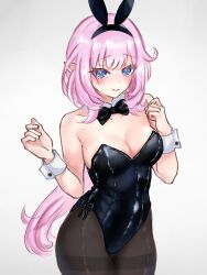  1girl animal_ears black_leotard black_pantyhose black_ribbon blue_eyes blush breasts commentary_request detached_collar elf elysia_(honkai_impact) elysia_(miss_pink_elf)_(honkai_impact) fake_animal_ears grey_background honkai_(series) honkai_impact_3rd large_breasts leotard looking_at_viewer mamuchi819 pantyhose pink_hair playboy_bunny pointy_ears rabbit_ears ribbon simple_background solo strapless strapless_leotard wrist_cuffs 