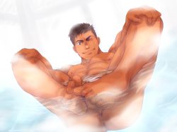  1boy ;) ass bara barefoot bathtub black_hair brown_eyes feet looking_at_viewer male_focus muscular nude one_eye_closed smile solo steam toes water wet  rating:Explicit score:2 user:harucho