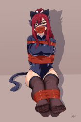 1girl bdsm bondage bound domino_mask erza_scarlet fairy_tail fairy_woman feet female_focus foot_focus gag gagged highres improvised_gag leotard lost_one_zero mask nail_polish tape tape_gag thighhighs toes rating:Questionable score:77 user:Me_gusta