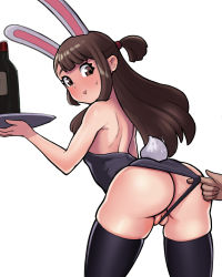 1girl animal_ears ass black_thighhighs blush brown_hair cleft_of_venus donburi_(donburikazoku) embarrassed fake_animal_ears from_behind hip_focus kagari_atsuko leotard little_witch_academia loli long_hair looking_back male_hand plate playboy_bunny pussy rabbit_ears rabbit_tail simple_background solo_focus tail thighhighs thighs white_background wide_hips rating:Explicit score:77 user:Vardigiil