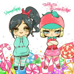  2girls bad_id bad_pixiv_id black_hair blonde_hair blue_eyes blush candy candy_cane character_name chibi crossed_arms disney double_vertical_stripe food full_body hands_on_own_face happy hood hoodie lollipop long_hair long_sleeves looking_at_viewer multiple_girls open_mouth ponytail serious short_hair simple_background smile standing striped taffyta_muttonfudge vanellope_von_schweetz white_background wreck-it_ralph yellow_eyes yukimuchi  rating:Sensitive score:28 user:danbooru