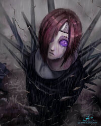  1boy amegakure_symbol artist_name commentary crying crying_with_eyes_open english_commentary forehead_protector hair_over_one_eye highres jamesloves_art long_sleeves male_focus nagato_(naruto) naruto_(series) naruto_shippuuden one_eye_covered open_mouth purple_eyes rain realistic red_hair rinnegan short_hair signature solo tears teeth 