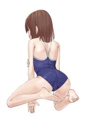  1girl arm_grab ass ass_focus brown_hair clothes_pull competition_school_swimsuit easy_(aqk7bdqt) feet from_behind highres huge_ass kitanaga kneeling legs one-piece_swimsuit one-piece_swimsuit_pull pulled_by_self school_swimsuit short_hair solo swimsuit thighs ueno-san_wa_bukiyou  rating:Sensitive score:25 user:spk