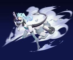  1girl absurdres blue_background blue_hair bodysuit boots dual_wielding full_body fysc gun handgun high_heels highres holding long_hair looking_at_viewer mecha_musume mechanical_tail original rubble science_fiction smoke solo tail thigh_boots thighhighs twintails weapon white_bodysuit yellow_eyes 