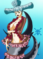  1girl absurdres blue_hair breasts charlotte_praline cleavage female_focus fins fish fish_tail fishman_island freckles green_eyes highres jewelry large_breasts lipstick looking_at_viewer makeup mermaid monster_girl navel ocean one_piece red_lips solo swimming tail underwater water  rating:Sensitive score:22 user:Namuzza94