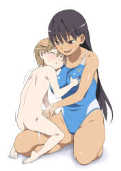 1boy 1girl :&lt; =_= age_difference barefoot black_hair blush breasts brown_eyes clothed_female_nude_male clothed_on_nude competition_swimsuit cum cum_on_body cum_on_lower_body cum_on_upper_body grabbing grabbing_another&#039;s_breast hand_on_another&#039;s_head hetero highres kneeling large_breasts light_brown_hair long_hair nipples nora_higuma nude one-piece_swimsuit onee-shota original shota simple_background smile sweatdrop swimsuit teenage_girl_and_younger_boy very_long_hair white_background rating:Explicit score:542 user:danbooru