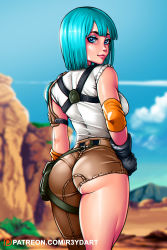  1980s_(style) 1girl alternate_costume aqua_hair artist_name ass breasts bulma dragon_ball female_focus gluteal_fold highres huge_ass large_breasts looking_at_viewer looking_back oldschool patreon r3ydart retro_artstyle shiny_skin short_hair  rating:Sensitive score:94 user:fakyuh
