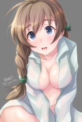  1girl artist_name bad_id bad_twitter_id blue_eyes blush braid breasts brown_hair collarbone green_ribbon grey_background hair_over_one_eye hair_ribbon hair_tie haruhata_mutsuki leaning_forward long_hair looking_at_viewer lynette_bishop medium_breasts naked_shirt navel no_bra open_clothes open_mouth open_shirt ribbon shirt signature simple_background single_braid sitting smile solo strike_witches twitter_username v_arms world_witches_series  rating:Questionable score:7 user:danbooru