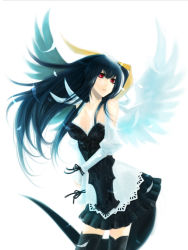  1girl alternate_costume alternate_hairstyle arc_system_works asymmetrical_wings bare_shoulders black_dress black_hair black_thighhighs breasts cleavage collair collair_(cono) detached_sleeves dizzy_(guilty_gear) dress feathered_wings feathers guilty_gear guilty_gear_2 hair_down hair_ribbon highres large_breasts long_hair pleated_skirt red_eyes ribbon skirt solo strapless strapless_dress tail thighhighs wings zettai_ryouiki 