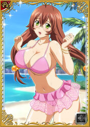  1girl :o bikini bikini_skirt blush breast_press breasts breasts_squeezed_together brown_hair card_(medium) curvy day embarrassed glasses green_eyes hair_ornament ikkitousen large_breasts long_hair looking_at_viewer navel official_art open_mouth pink_bikini ryuubi_gentoku shiny_skin side-tie_bikini_bottom solo sweat swimsuit very_long_hair water wide_hips 