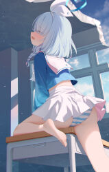  1girl absurdres arona_(blue_archive) ass bingchuan_xian_yu_huang blue_archive blue_hair blue_shirt blush bow_hairband breasts closed_eyes colored_inner_hair crotch_rub female_masturbation grinding hairband halo highres light_blue_hair long_sleeves masturbation multicolored_hair navel open_mouth panties pink_halo pussy_juice pussy_juice_stain shirt short_hair skirt small_breasts solo table_humping thighs underwear white_hairband white_skirt  rating:Explicit score:149 user:danbooru