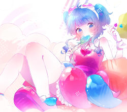  1girl ahoge alternate_costume alternate_hair_color alternate_hairstyle bad_id bad_pixiv_id blue_eyes blue_hair blunt_bangs blush candy candy_candy_(song) curly_hair dress food goggles goggles_on_head gumi heart highres lollipop matching_hair/eyes niwa_(ejizon) pink_footwear shoes short_hair sitting sleeveless solo sweets twintails vocaloid wrist_cuffs 