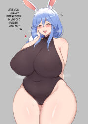  1girl 2024 animal_ear_fluff animal_ears bell black_one-piece_swimsuit blue_hair breasts cameltoe cleft_of_venus commentary english_commentary english_text eyebrows_through_hair female_pubic_hair grey_background highres hololive huge_breasts long_hair looking_at_viewer mature_female navel nipples one-piece_swimsuit open_mouth orange_eyes pekomama plump pubic_hair rabbit_ears sideboob simple_background sleeptopi smile solo standing sweat sweatdrop swimsuit thick_thighs thighs translucent_swimsuit virtual_youtuber wide_hips 