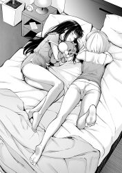  2girls :d ^_^ absurdres ass bare_legs barefoot bed blanket camisole clock closed_eyes commentary_request dolphin_shorts facing_another feet foot_up from_above full_body greyscale highres holding holding_stuffed_toy inoue_takina kitaku_(nakamachi_machi) lamp long_hair lycoris_recoil lying monochrome multiple_girls nishikigi_chisato no_pants on_bed on_side on_stomach open_mouth pajamas panties pillow shirt_tucked_in short_hair short_sleeves shorts smile soles stuffed_toy toes underwear yuri  rating:Sensitive score:86 user:danbooru