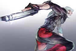  1boy backless_pants bara dante_(devil_may_cry) devil_may_cry devil_may_cry_(series) devil_may_cry_4 ebony_&amp;_ivory facial_hair fighting_stance fingerless_gloves gloves gun highres holding holding_weapon male_focus mature_male muscular muscular_male pants simple_background solo weapon wenwen_0902 white_hair 