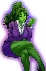  1girl animification breasts chiba_toshirou colored_skin crossed_legs female_focus formal green_eyes green_hair green_skin high_ponytail jennifer_walters large_breasts legs long_hair long_legs marvel matching_hair/eyes muscular muscular_female office_lady ponytail she-hulk sitting solo thick_thighs thighs watch  rating:Sensitive score:146 user:danbooru