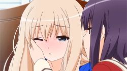 2girls animated animated_gif blush kawamura_reo kiss long_hair lowres multiple_girls sawaguchi_mai school_uniform short_hair sono_hanabira_ni_kuchizuke_wo yuri rating:Sensitive score:40 user:moderfoker1234