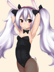  1girl animal_ears arms_up azur_lane black_bow black_bowtie black_leotard blush bow bowtie breasts brown_background cameltoe cleavage collar commentary_request covered_navel cowboy_shot detached_collar fake_animal_ears fishnet_pantyhose fishnets hair_between_eyes hair_bow hairband highres laffey_(azur_lane) leotard long_hair looking_at_viewer minazuki_minao pantyhose parted_lips playboy_bunny rabbit_ears rabbit_girl rabbit_tail red_eyes red_hairband silver_hair simple_background small_breasts solo strapless strapless_leotard tail twintails very_long_hair white_collar 
