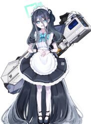 1girl :d @_@ absurdly_long_hair absurdres apron aqua_halo aris_(blue_archive) aris_(maid)_(blue_archive) black_dress black_footwear black_hair black_wristband blue_archive blue_bow blue_bowtie blue_eyes bow bow-shaped_hair bowtie collared_shirt dress frilled_apron frilled_dress frills full_body hair_between_eyes hair_intakes hair_over_shoulder halo hands_on_own_stomach head_tilt highres huge_weapon long_hair looking_at_viewer maid maid_apron maid_headdress mary_janes number_print official_alternate_costume onmoynn open_mouth pantyhose pleated_dress puffy_short_sleeves puffy_sleeves railgun shirt shoes short_sleeves sidelocks simple_background smile standing teeth upper_teeth_only very_long_hair weapon weapon_on_back white_apron white_background white_pantyhose