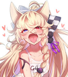 1girl animal_ears bare_arms bare_shoulders blonde_hair blue_eyes blush braid breasts character_name collarbone commentary crossed_bangs curly_hair drooling g41_(girls&#039;_frontline) girls&#039;_frontline hair_between_eyes hair_ornament hair_over_shoulder half-closed_eyes heart heterochromia highres long_hair looking_at_viewer meow_nyang name_tag open_mouth red_eyes short_eyebrows simple_background single_braid small_breasts solo sweat teeth thick_eyebrows tongue tongue_out upper_body very_long_hair white_background rating:Sensitive score:10 user:danbooru