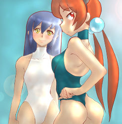  2girls agent_aika aika_(series) alisa_southerncross animal_ears artist_request ass bare_arms bare_back bare_legs bare_shoulders blue_hair blue_one-piece_swimsuit blush cropped_legs crossover curvy delmo eyebrows fake_animal_ears female_focus golden_delmo hair_bobbles hair_ornament hairband keroro_gunsou legs long_hair looking_at_viewer looking_back low_twintails multiple_girls one-piece_swimsuit orange_hair outdoors rie_petoriyacowa simple_background sky sleeveless smile standing swimsuit twintails  rating:Questionable score:3 user:delmo