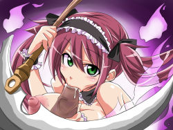  :&gt;= airi_(queen&#039;s_blade) blush breasts fellatio green_eyes kobayashi_tetsuya long_hair looking_at_viewer nipples oral penis queen&#039;s_blade red_hair scythe twintails uncensored weapon  rating:Explicit score:24 user:erytho