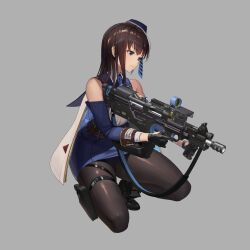 1girl arm_up armpits bare_shoulders belt black_pantyhose breasts brown_hair bullpup detached_sleeves floating_hair full_body goddess_of_victory:_nikke gun tucking_hair hand_in_own_hair hat highres holster jacket kkuem large_breasts long_hair looking_at_viewer marian_(nikke) military military_hat military_uniform necktie official_art pantyhose pouch purple_eyes sleeveless solo thigh_holster uniform weapon weapon_on_back white_jacket