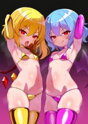 2girls alternate_costume arm_up arms_behind_head bat_wings bikini black_background blush breast_press breasts closed_mouth collarbone cowboy_shot dot_nose elbow_gloves eyebrows eyelashes fellatio_gesture female_focus flandre_scarlet gloves gradient_background hand_up licking_lips loli looking_at_viewer medium_hair mesugaki multiple_girls naughty_face navel open_mouth pink_bikini pink_gloves pink_thighhighs purple_background red_eyes remilia_scarlet siblings siglk simple_background sisters small_breasts smile smug standing swimsuit symmetrical_docking thighhighs tongue tongue_out touhou two-tone_background vampire wings yellow_bikini yellow_gloves yellow_thighhighs  rating:Questionable score:99 user:Only_Kemonomimi
