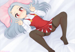  1girl ass bed bed_sheet black_pantyhose blush boku_no_hero_academia dot_nose double_v double_w dress dutch_angle eri_(boku_no_hero_academia) eroneko_senpai feet female_focus foot_out_of_frame forehead from_above hair_spread_out horns legs loli long_hair long_sleeves looking_at_viewer lying m_legs no_shoes on_back panties panties_under_pantyhose pantyhose pillow red_dress red_eyes shirt short_dress single_horn skirt_drape smile solo spread_legs tareme thighband_pantyhose thighs toes underwear v w wavy_mouth white_background white_hair white_panties white_shirt white_sleeves 