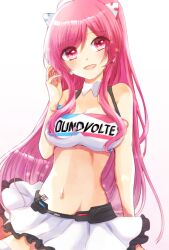  1girl animal_ear_headphones breasts cat_ear_headphones cleavage clothes_writing fake_animal_ears floor_anthem gradient_background headphones kousen124 large_breasts long_hair looking_at_viewer midriff miniskirt navel open_mouth pink_eyes pink_hair rasis skirt smile solo sound_voltex sound_voltex_ii_infinite_infection 